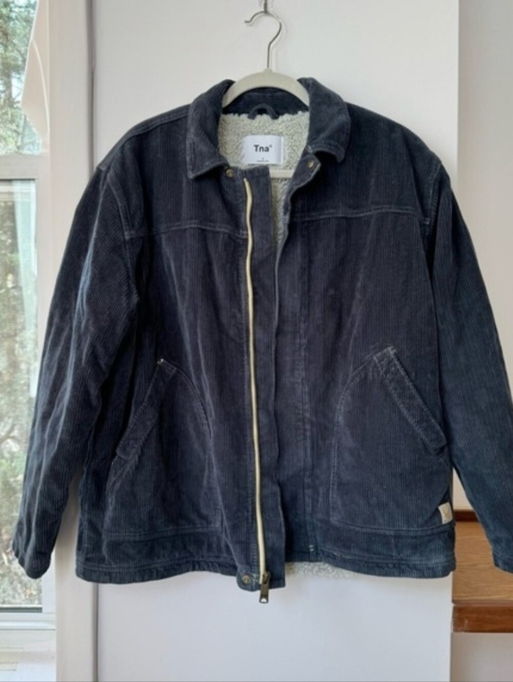Aritzia TNA Cord Bomber Jacket Zip Up Collared Navy Sherpa Fleece